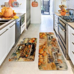 NEXTECHBIZ TEMU cross-border autumn pumpkin long kitchen mat, absorbent, stain-resistant, easy-to-care two-piece foot mat set available for delivery.